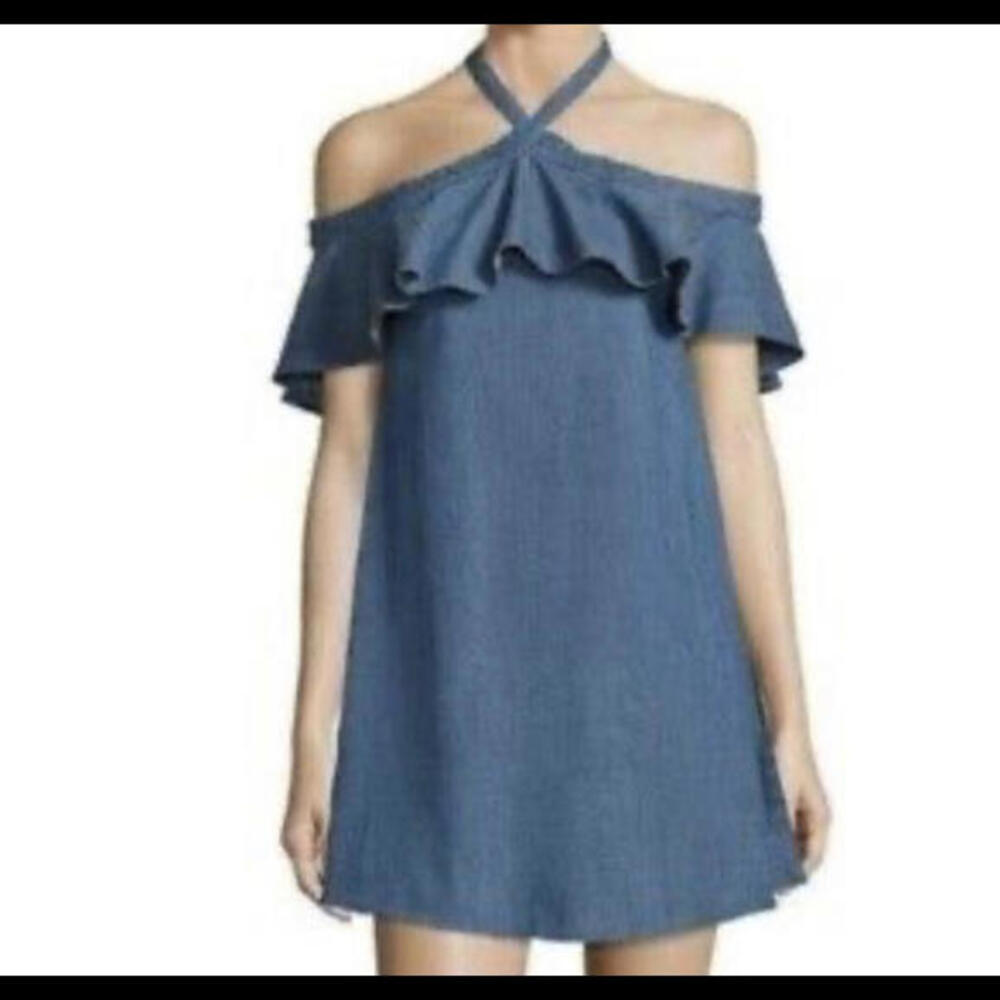 ALICE + OLIVIA chambray halter ruffle dress